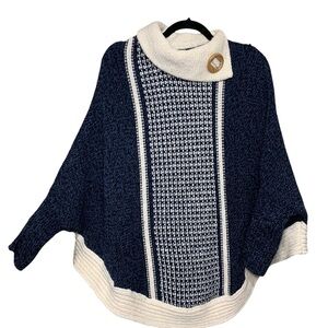 Knit Sweater Poncho Blue Cream Bat wing Sleeves Sz M/L Wool Blend Made Portugal